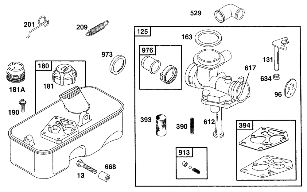 Fueltank, Carburetor Assembly Diagram and Parts List for 96982-7051-01  Briggs and Stratton Engine